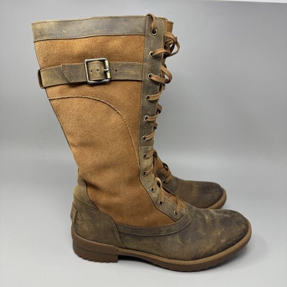 UGG Brystl Womens Size 7.5 Boots Brown Tall Lace Up Leather Suede Waterproof - Picture 1 of 9